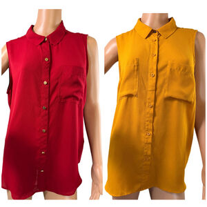 Woman's Sleeveless Button Down Blouse Large Collared Top Red Mustard Lightweight